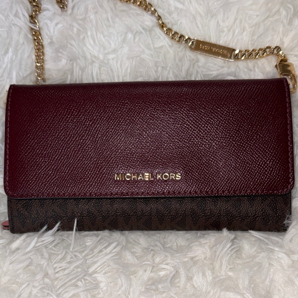 Michael Kors Burgundy and Brown Clutch With Detachable Chain.